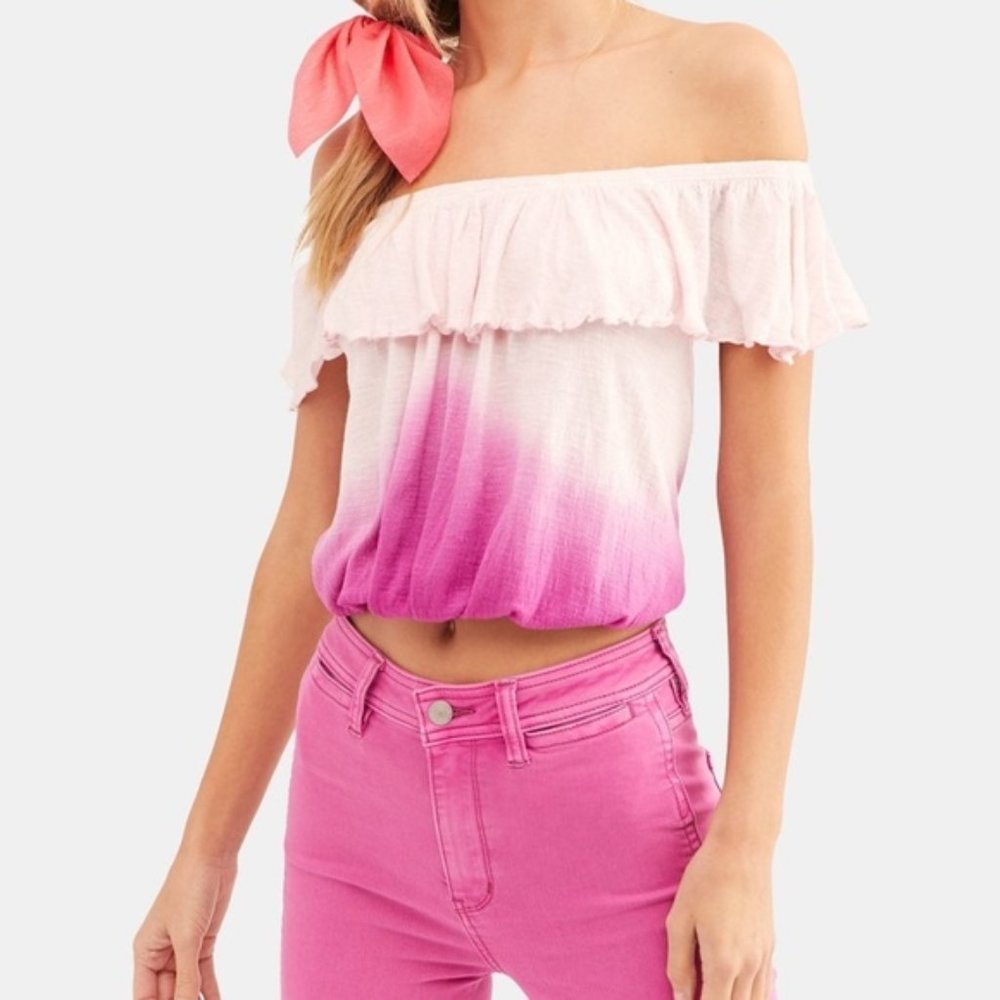 NWT Free People Pink Ombre Cora Lee Off The Shoulder Ruffle Tank Women's Size L